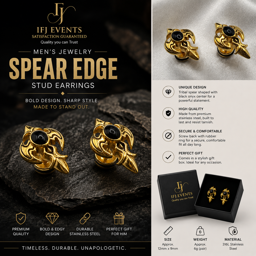 Gold Gothic Spear Stud Earrings with Black Stone – Stainless Steel Men’s Punk Earrings