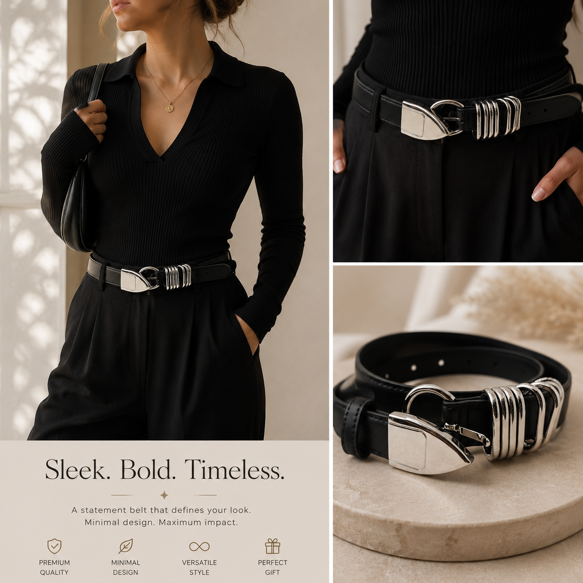 Women’s Split Leather Black Statement Belt – 103cm