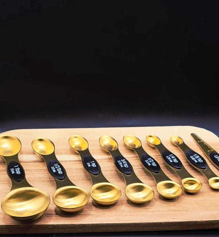 Eight pc Magnetic Measuring Spoons with Ruler  Stainless Steel Gold and Black