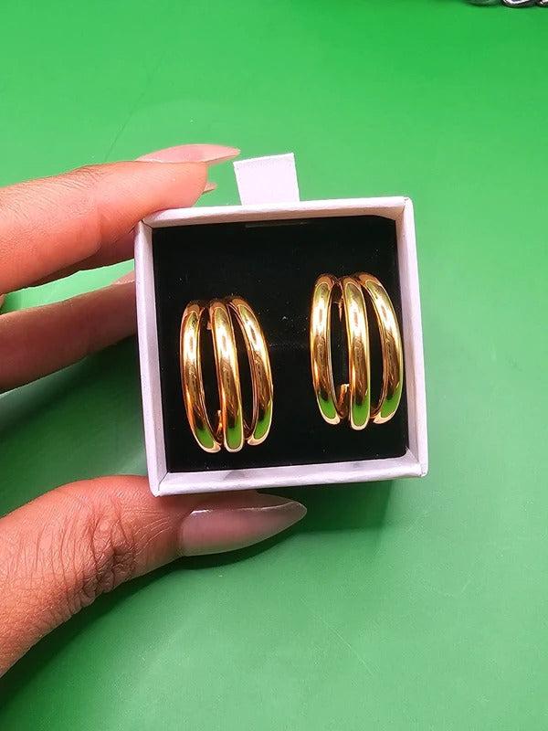 Gold Stainless Steel Triple Hoop Statement Earrings