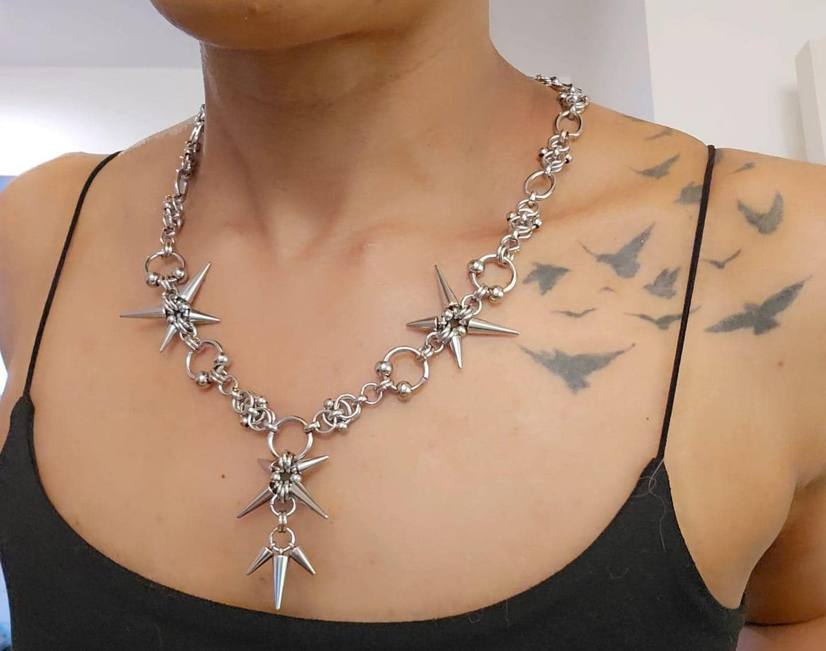 Gothic Spike Necklace Hoop Earring Set | Stainless Steel Punk Chain Jewelry