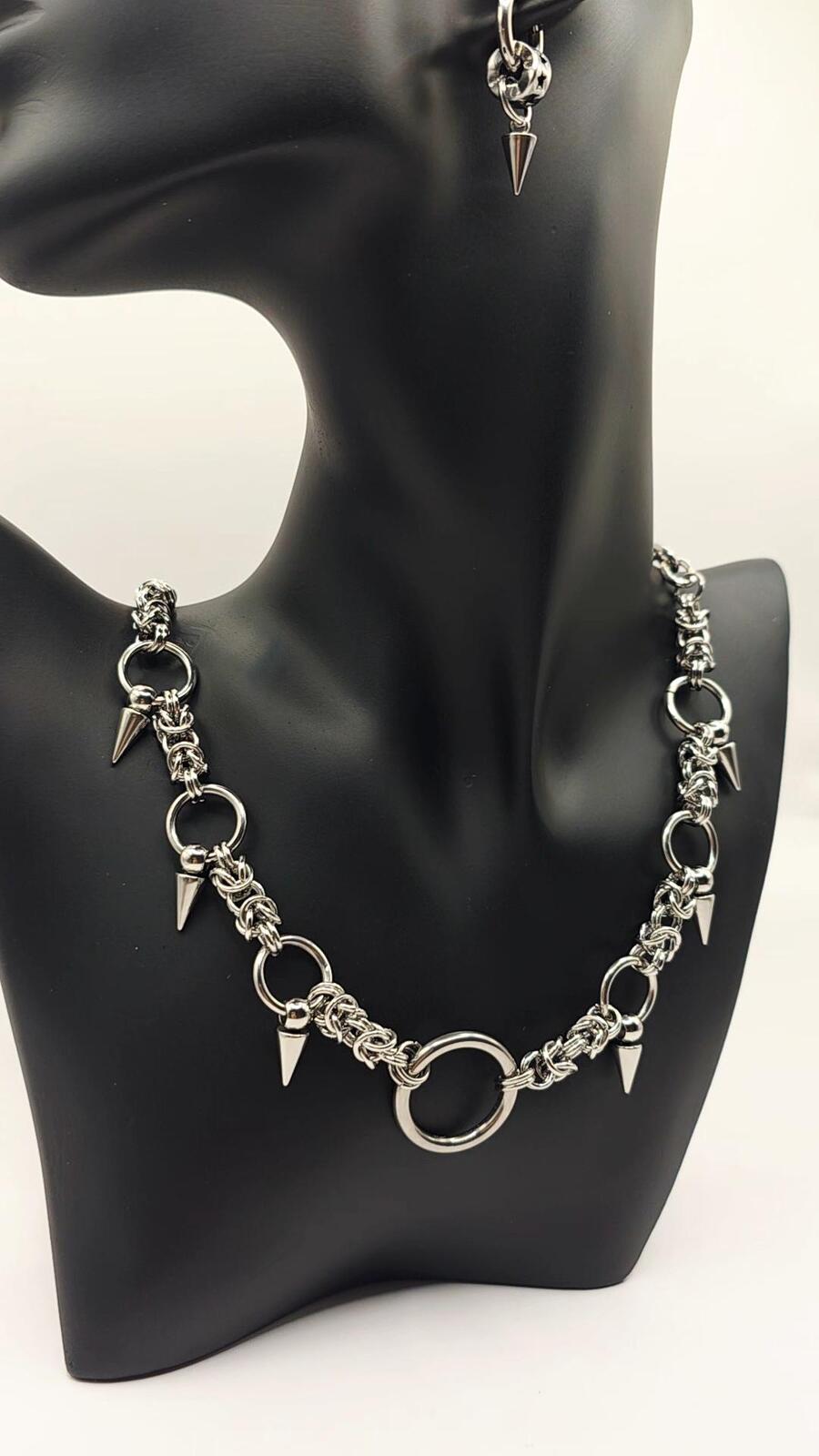Gothic Spike  Necklace Patchwork Earring Set  Silver-Tone Stainless Steel Punk Jewelry