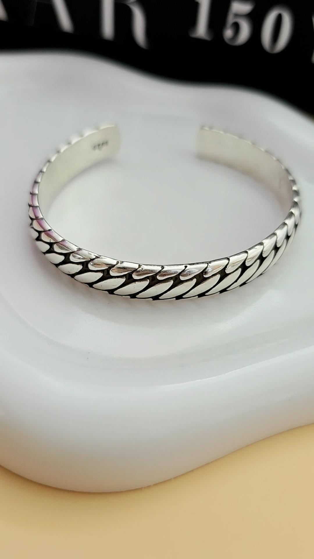 Snake Skin Cuff Bracelet Stainless Steel Silver Coated Modern Minimalist Wrist Jewelry for Men