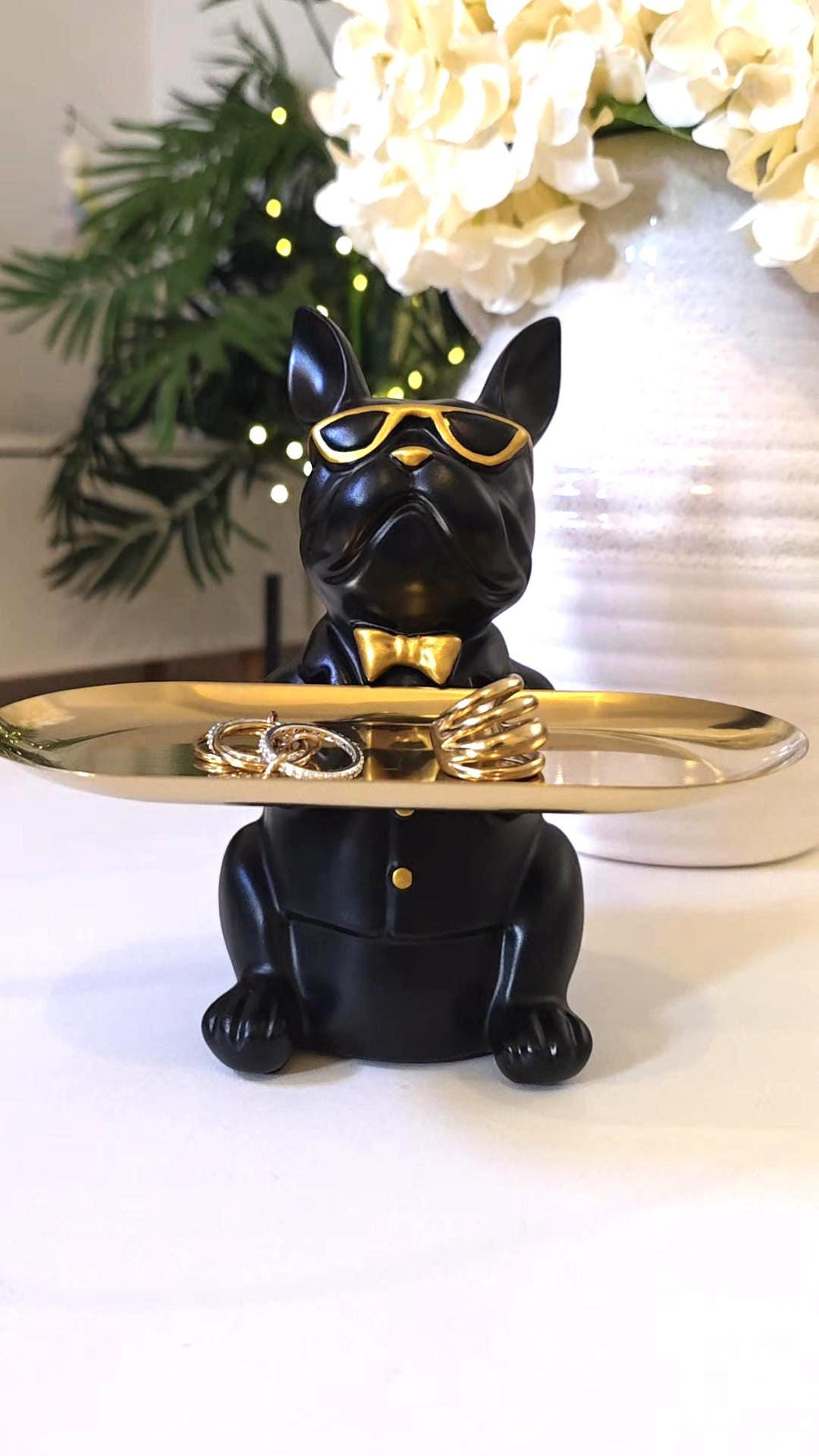 Black French Bulldog Key Holder Tray | Gold Sunglasses, Bowtie Catchall Organizer