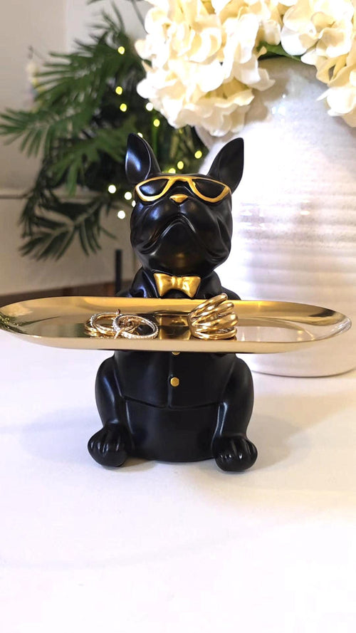 Black French Bulldog Key Holder Tray | Gold Sunglasses, Bowtie Catchall Organizer