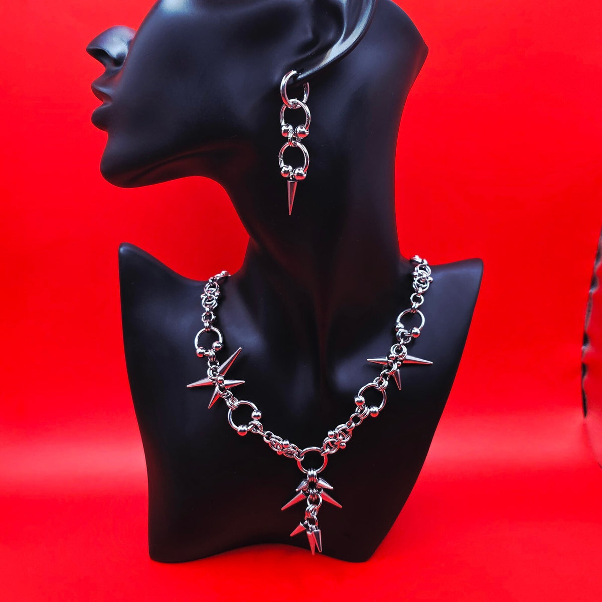 Gothic Spike  Necklace Tripple Loop Spike Earring Set  Silver-Tone Stainless Steel Punk Jewelry
