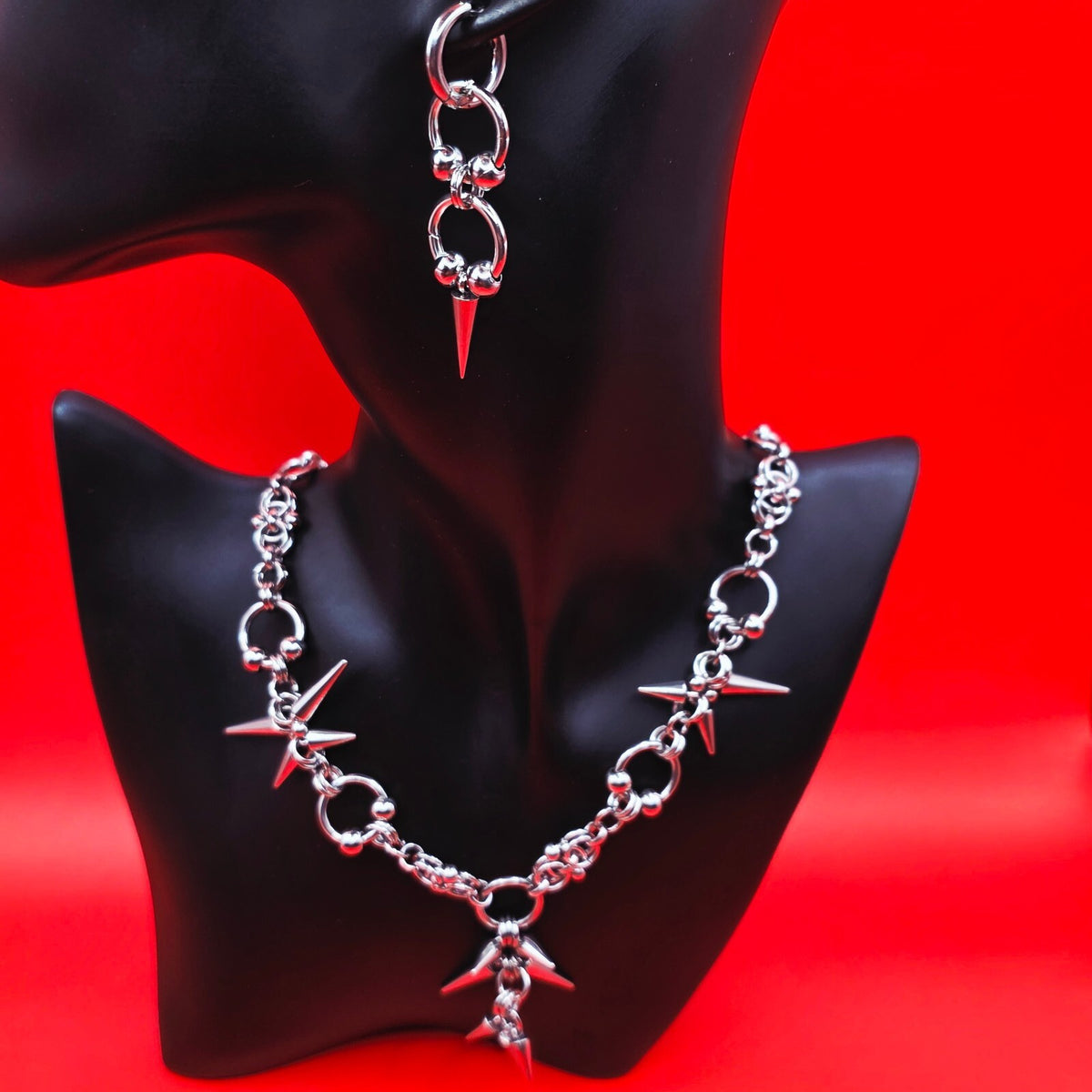 Gothic Spike  Necklace Tripple Loop Spike Earring Set  Silver-Tone Stainless Steel Punk Jewelry
