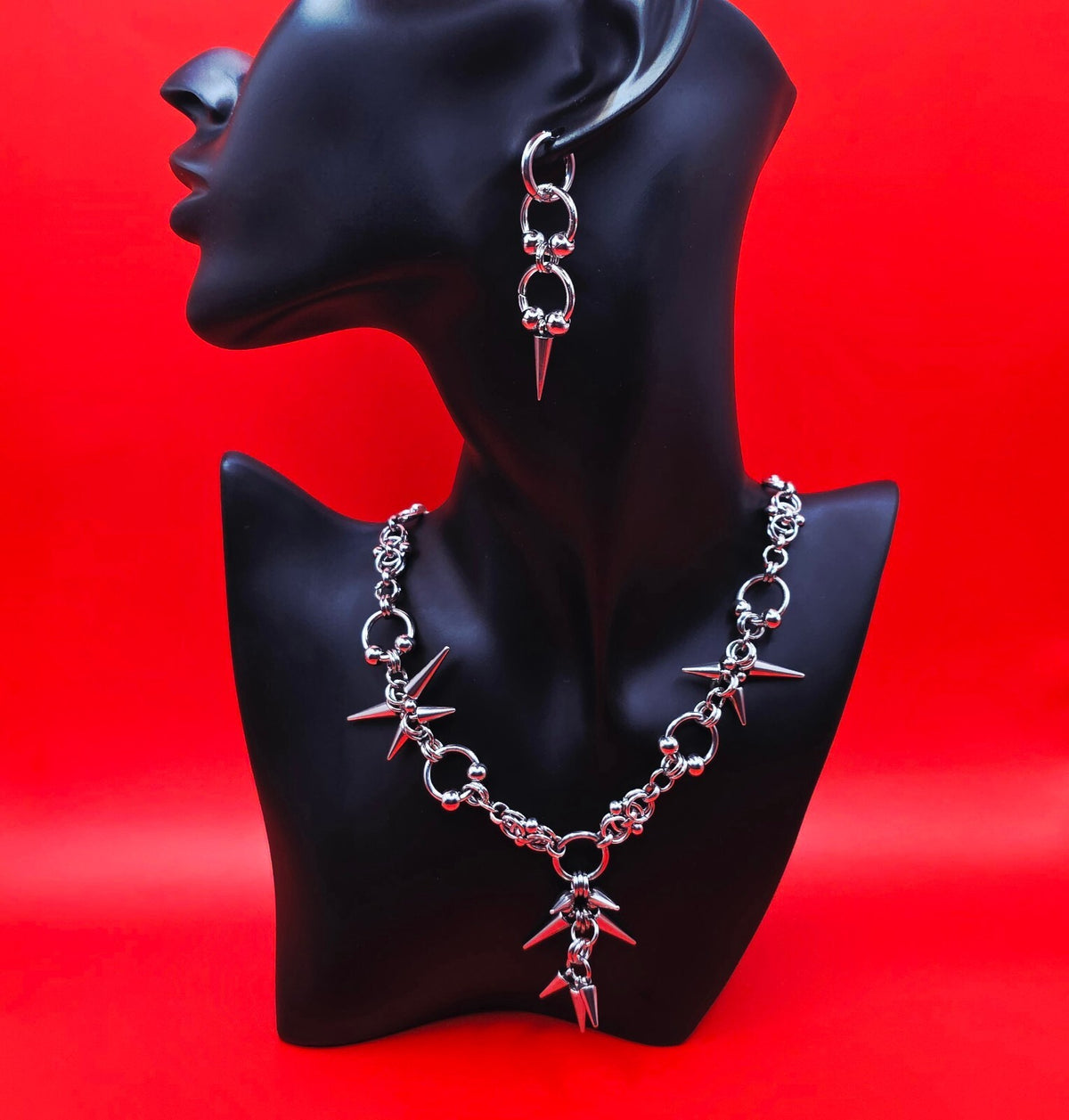 Gothic Spike  Necklace Tripple Loop Spike Earring Set  Silver-Tone Stainless Steel Punk Jewelry