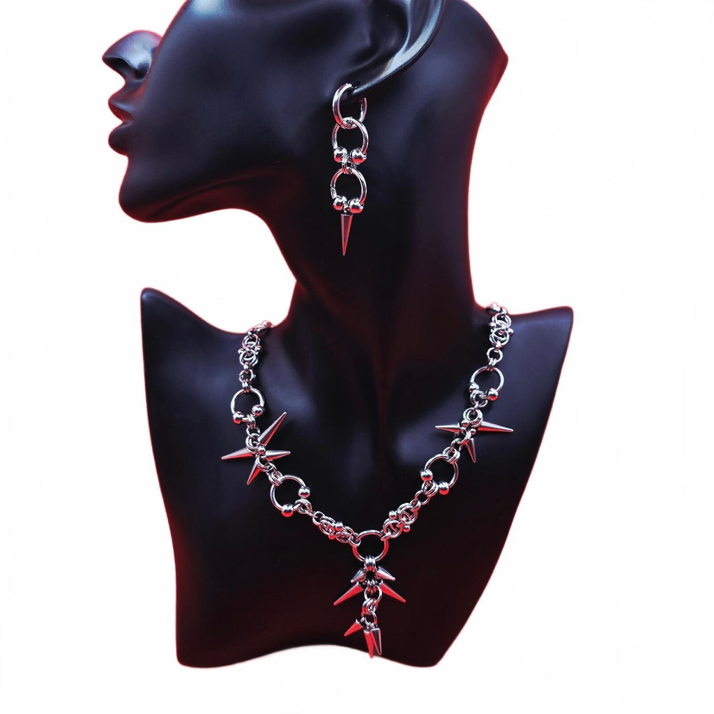 Gothic Spike  Necklace Tripple Loop Spike Earring Set  Silver-Tone Stainless Steel Punk Jewelry
