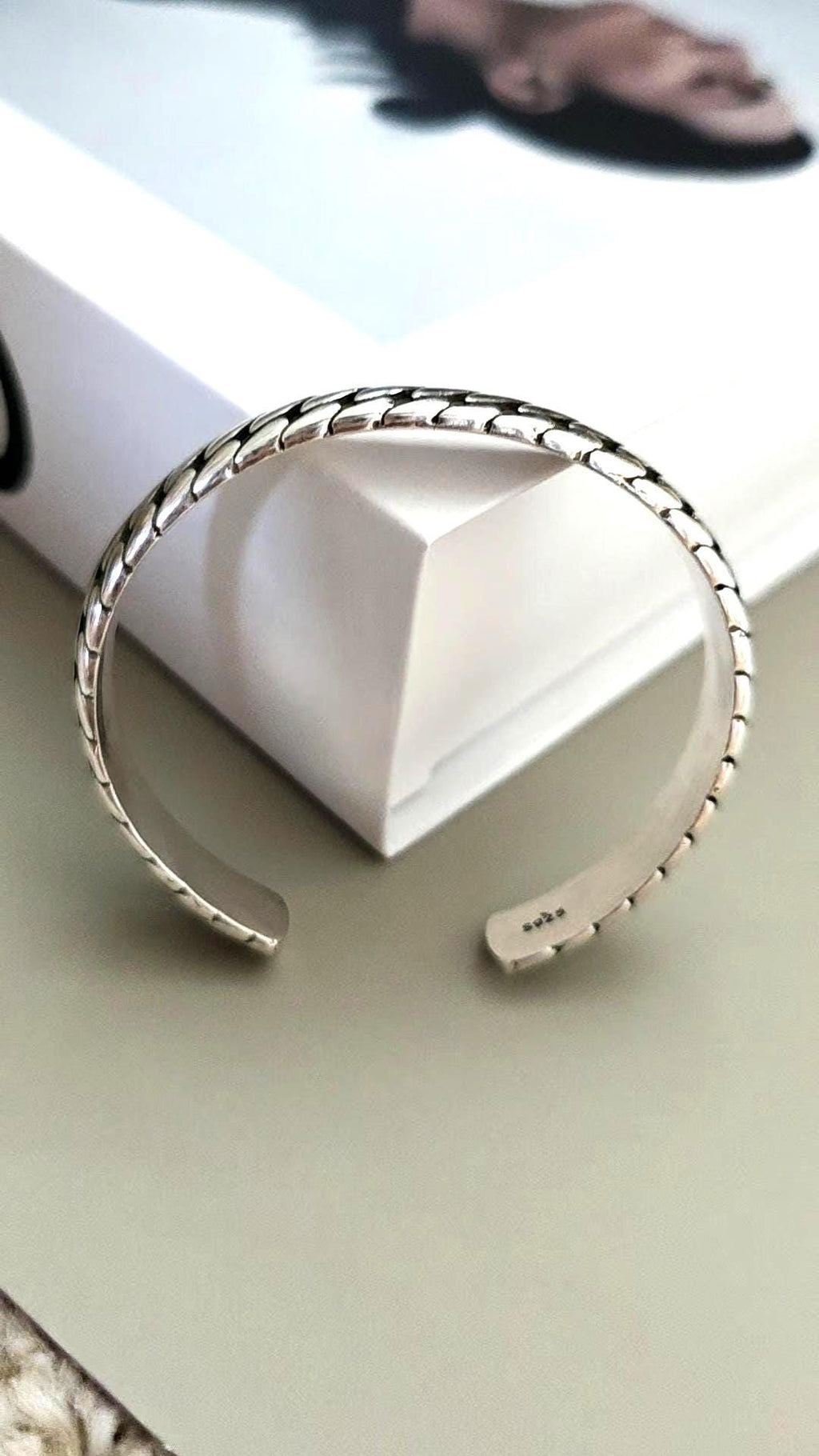 Snake Skin Cuff Bracelet Stainless Steel Silver Coated Modern Minimalist Wrist Jewelry for Men