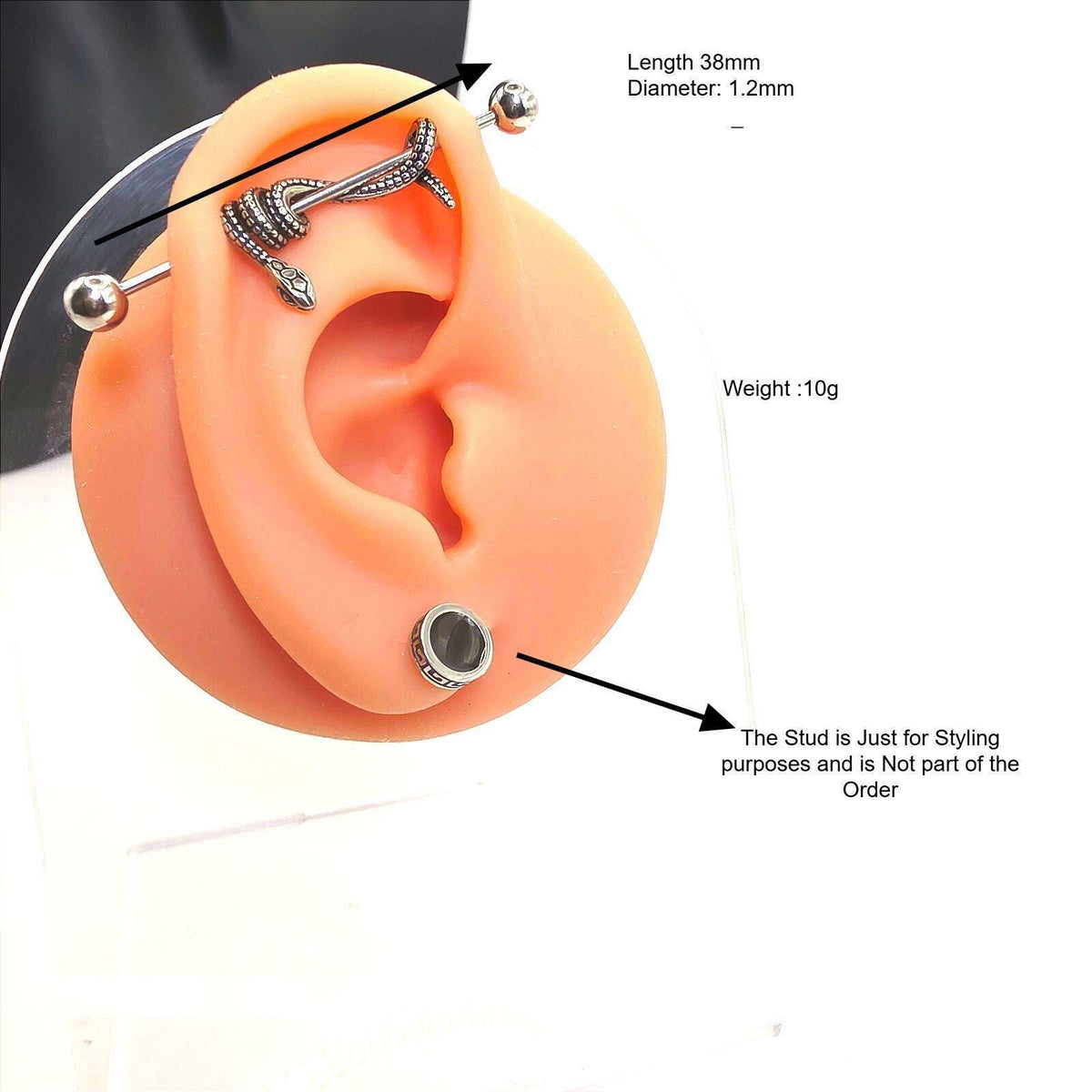 Industrial Barbell Ear Piercing with Snake Design