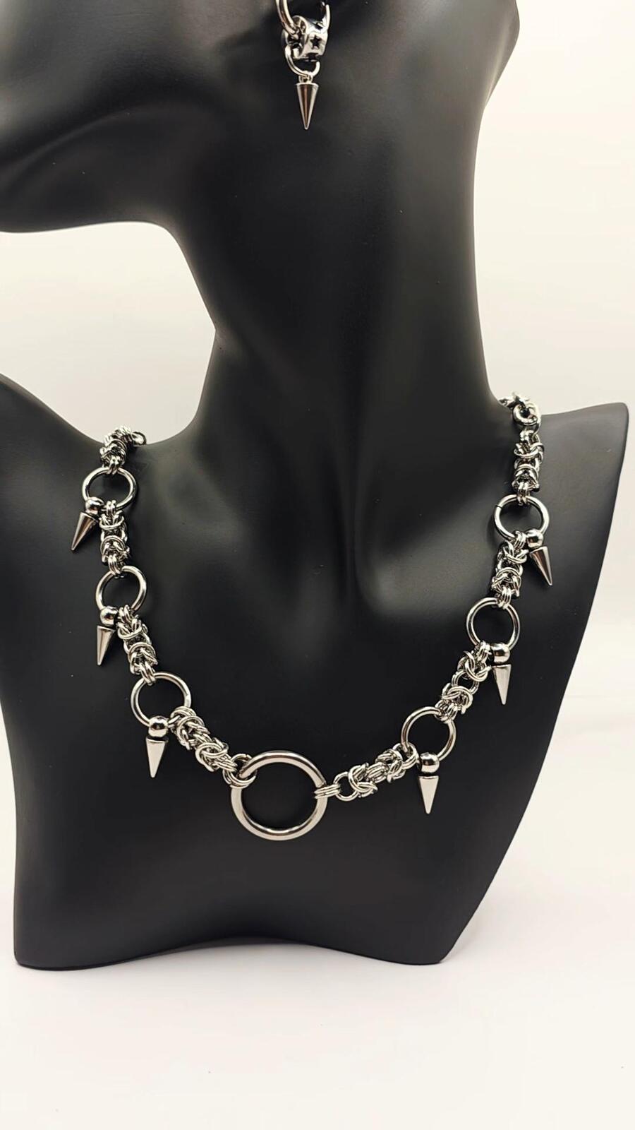 Gothic Spike  Necklace Patchwork Earring Set  Silver-Tone Stainless Steel Punk Jewelry