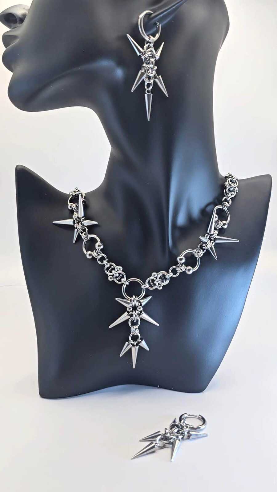 Gothic Spike Necklace Hoop Earring Set | Stainless Steel Punk Chain Jewelry