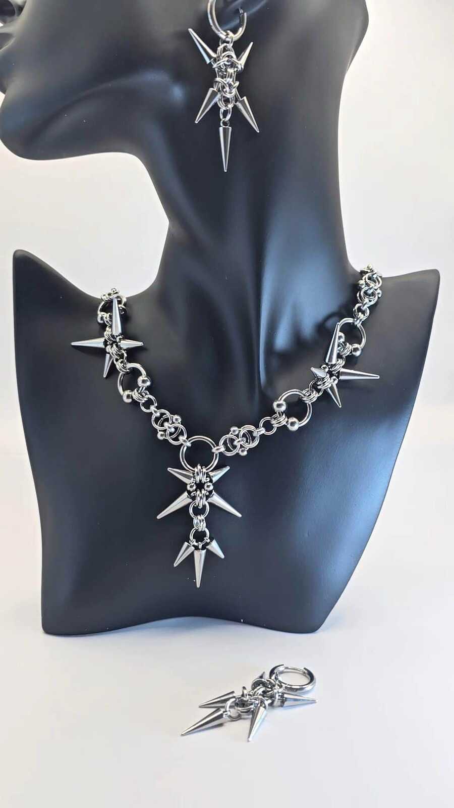 Gothic Spike Necklace Hoop Earring Set | Stainless Steel Punk Chain Jewelry