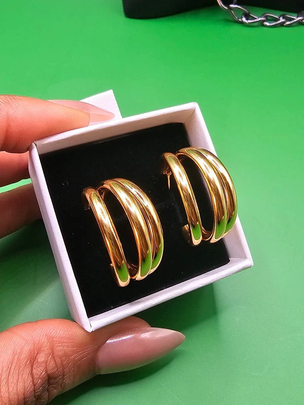 Gold Stainless Steel Triple Hoop Statement Earrings