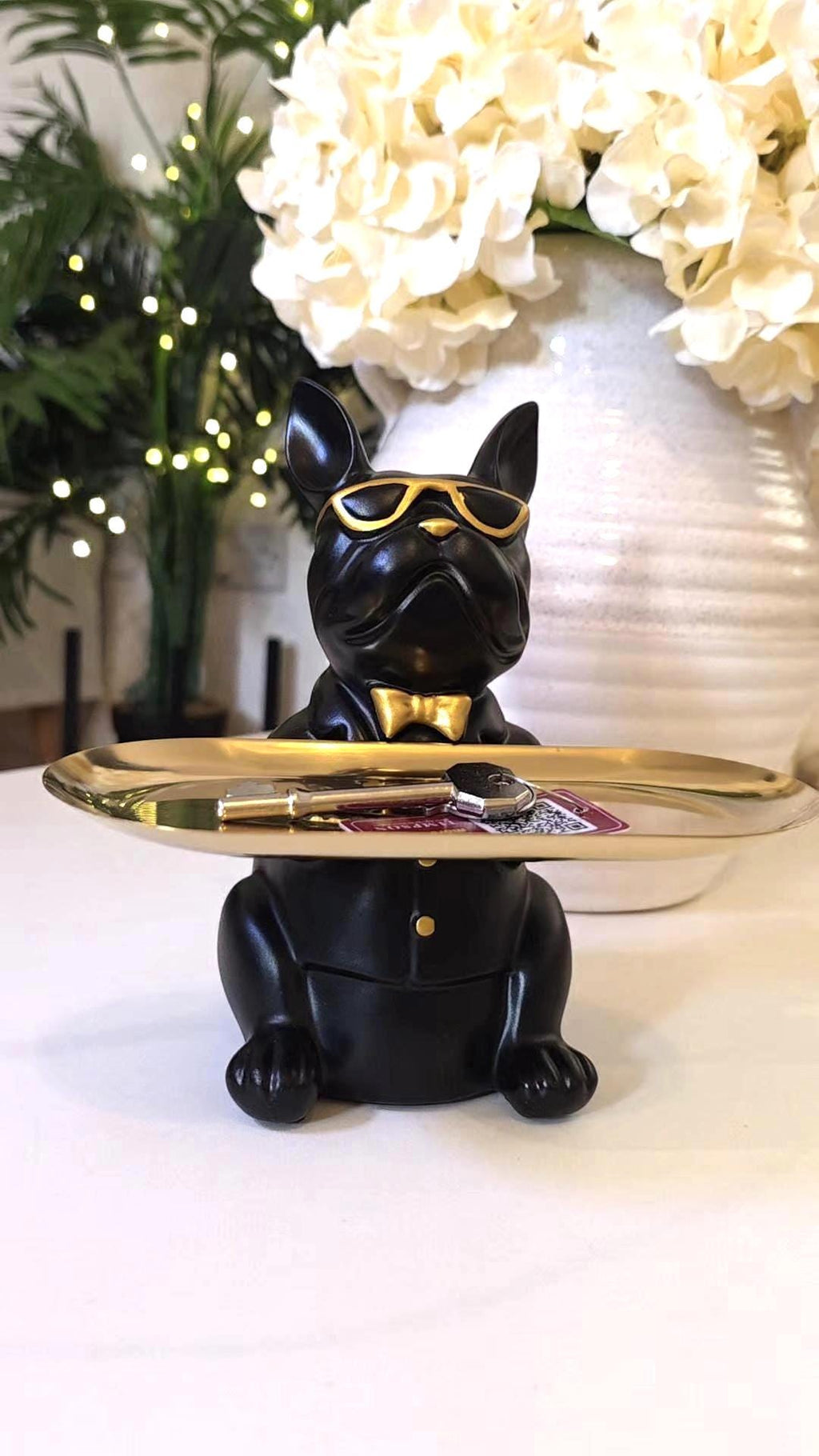 Black French Bulldog Key Holder Tray | Gold Sunglasses, Bowtie Catchall Organizer