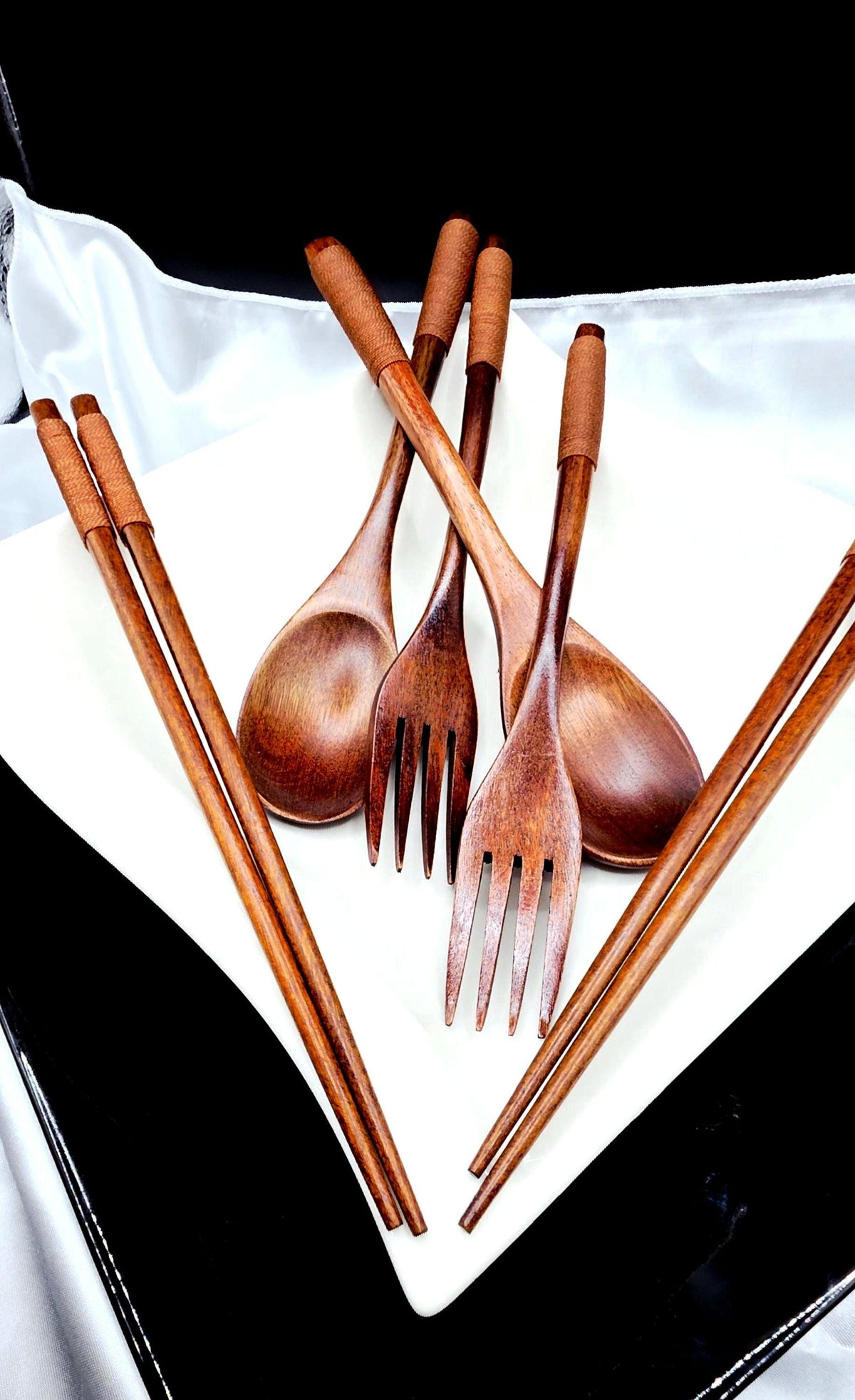Japanese Wooden Style 4pc Chopsticks Spoon and Fork Set Eating Dinner Utensils