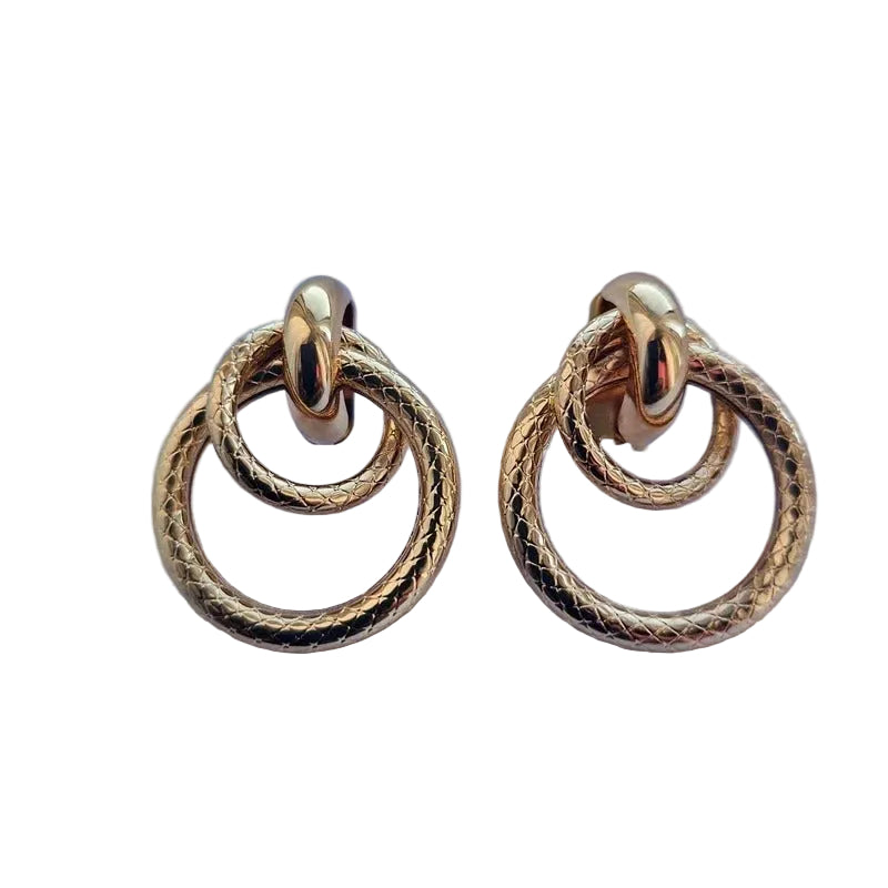 Gold Stainless Steel Double Hoop Drop Earrings –Textured Statement Earrings