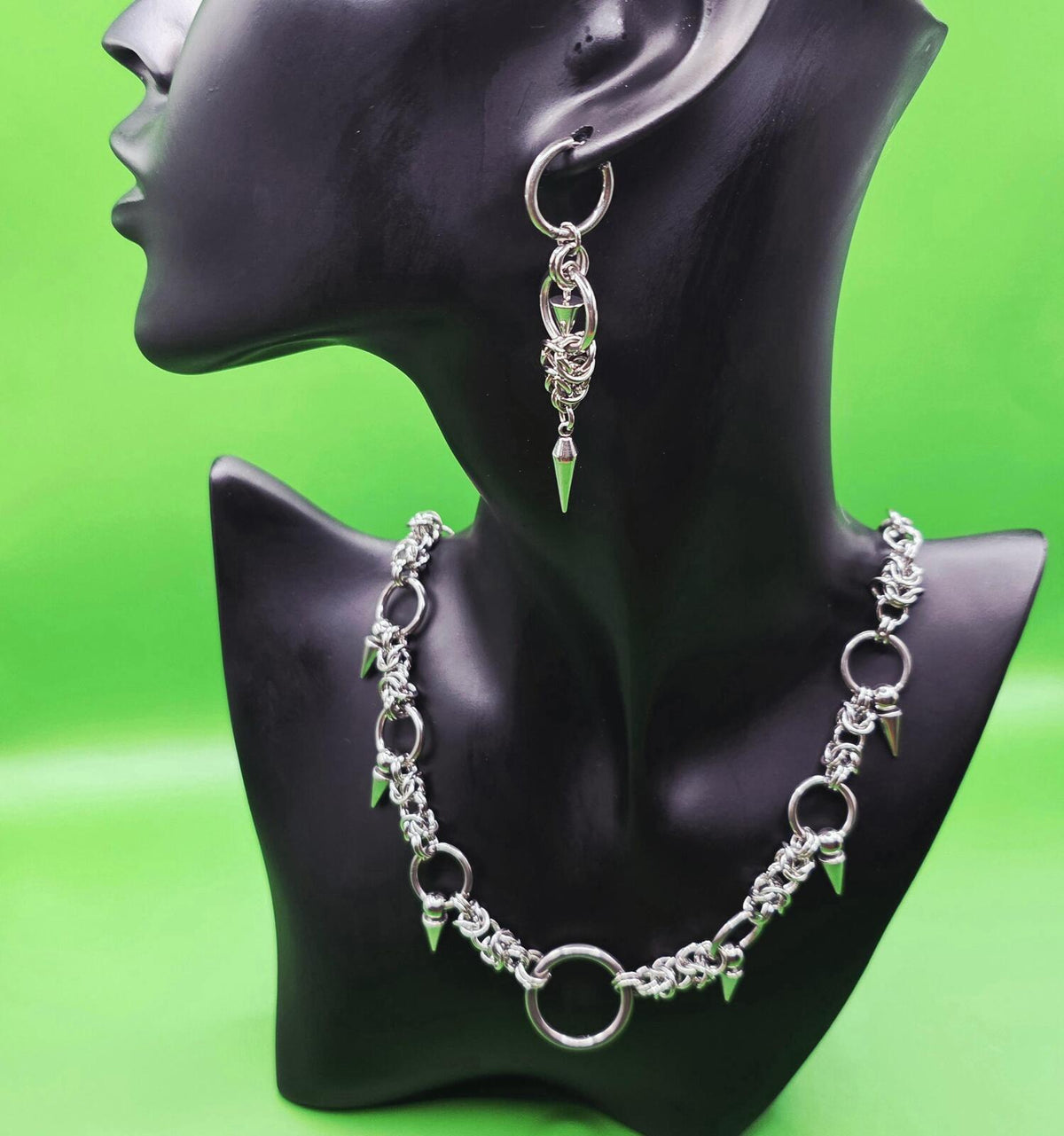 Gothic Spike  Necklace Patchwork Earring Set  Silver-Tone Stainless Steel Punk Jewelry