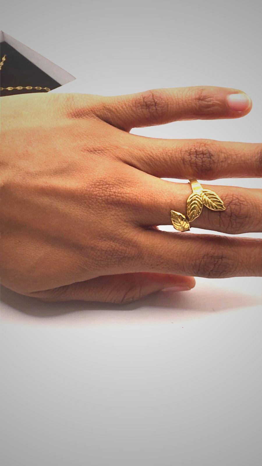 18k Gold Plated Adjustable Leaf Design Ring for Women  Stainless Steel, Contemporary Style