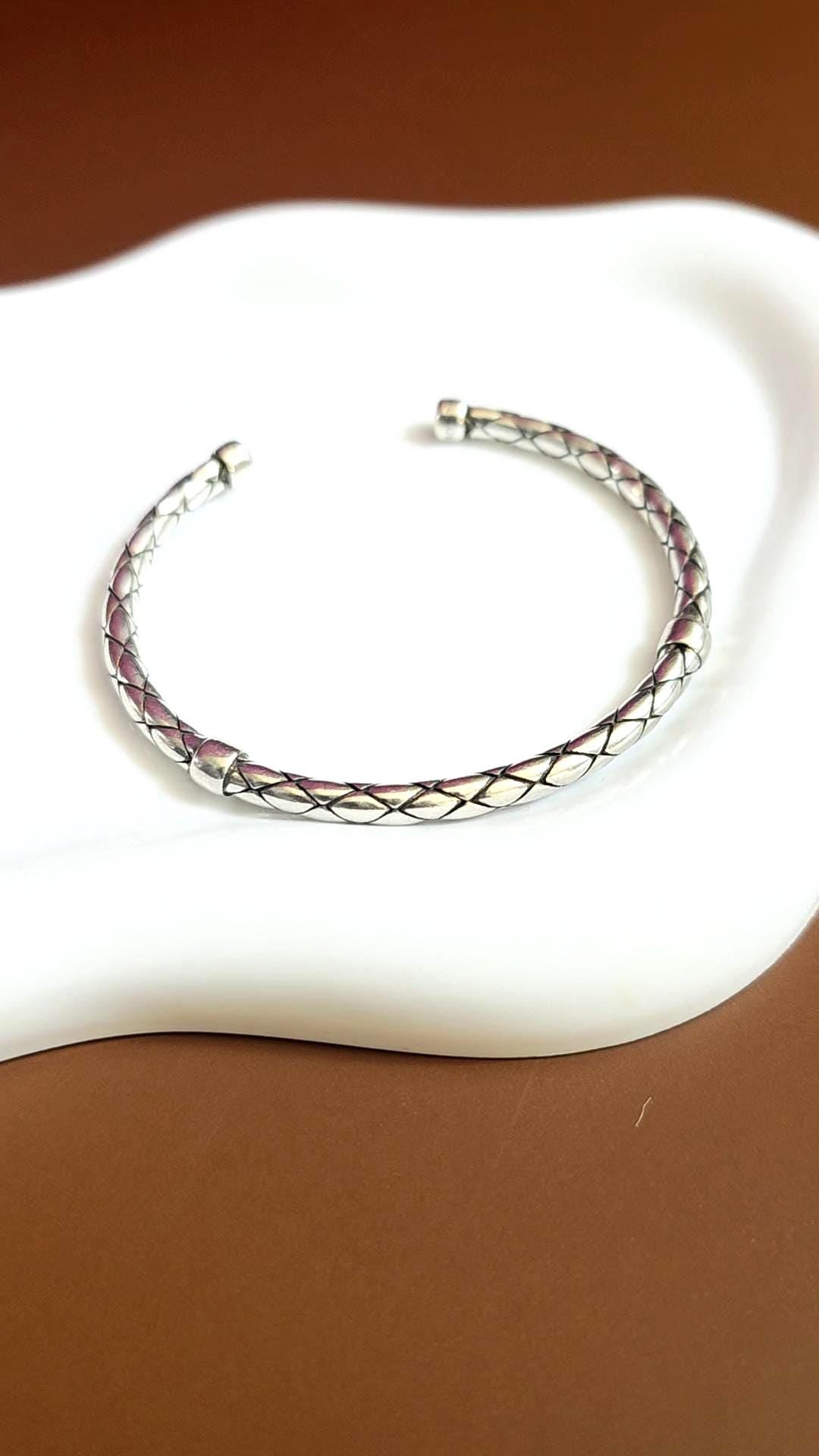 Braided Stainless Steel Open Adjustable Cuff Bracelet – Textured Modern Minimalist Wrist Bangle