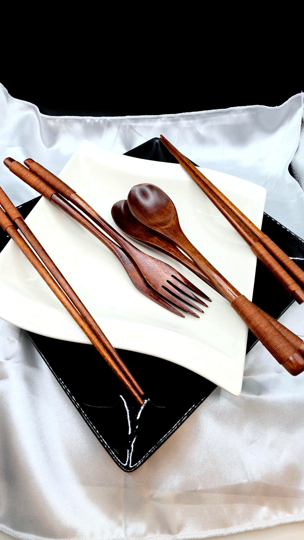 Japanese Wooden Style 4pc Chopsticks Spoon and Fork Set Eating Dinner Utensils