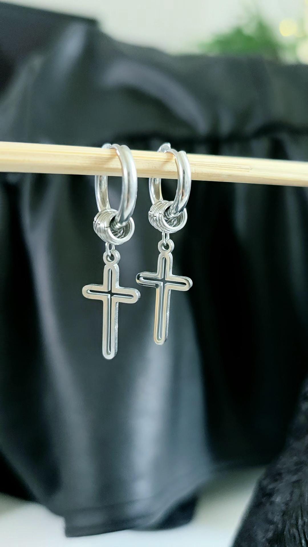 Huggie Hoop Cross Charm Earrings Stainless Steel  Punk Hippie Dangle Spring  Jewelry