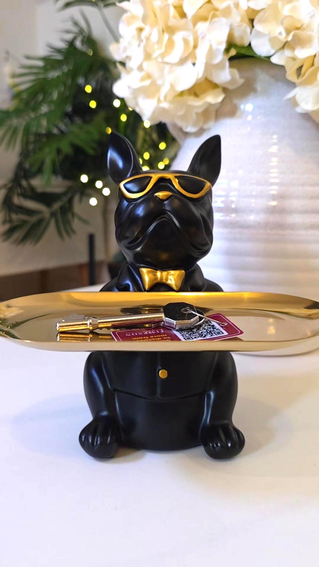 Black French Bulldog Key Holder Tray | Gold Sunglasses, Bowtie Catchall Organizer