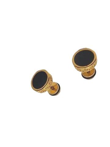 A pair of gold-toned oval stud earrings with a black center inlay, shown on a plain white background.