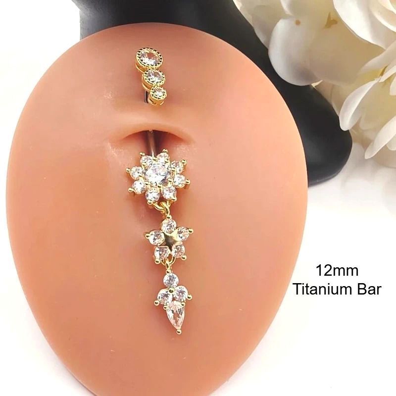 Gold Triple Star Titanium Bar 12- 14mm Belly Ring Summer Body Ring