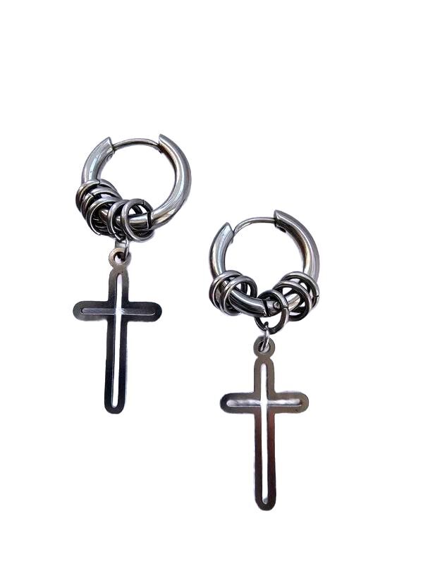 Silver Cross Drop Hoop Earrings | Gothic Punk Jewellery
