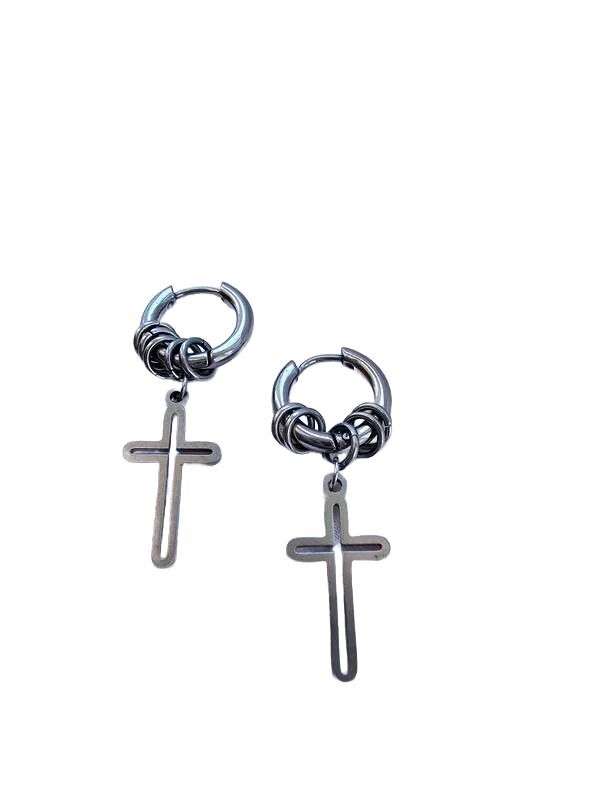 A pair of silver-toned hoop earrings with a knotted chain detail and a dangling cross charm, shown against a plain white background.