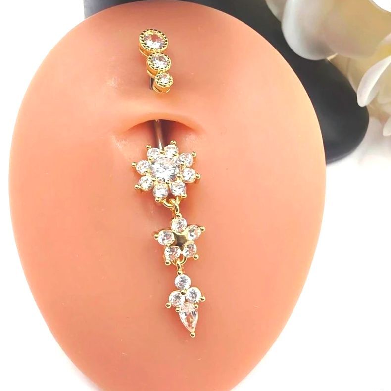 Gold Triple Star Titanium Bar 12- 14mm Belly Ring Summer Body Ring