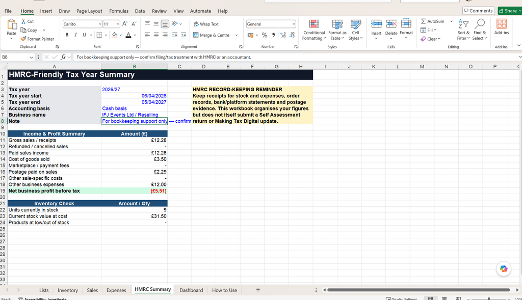 UK Reseller Inventory and Sales Digital Tracker Vinted eBay & Etsy Excel Spreadsheet  HMRC Friendly Bookkeeping