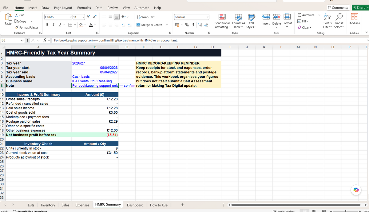 UK Reseller Inventory and Sales Digital Tracker Vinted eBay & Etsy Excel Spreadsheet  HMRC Friendly Bookkeeping