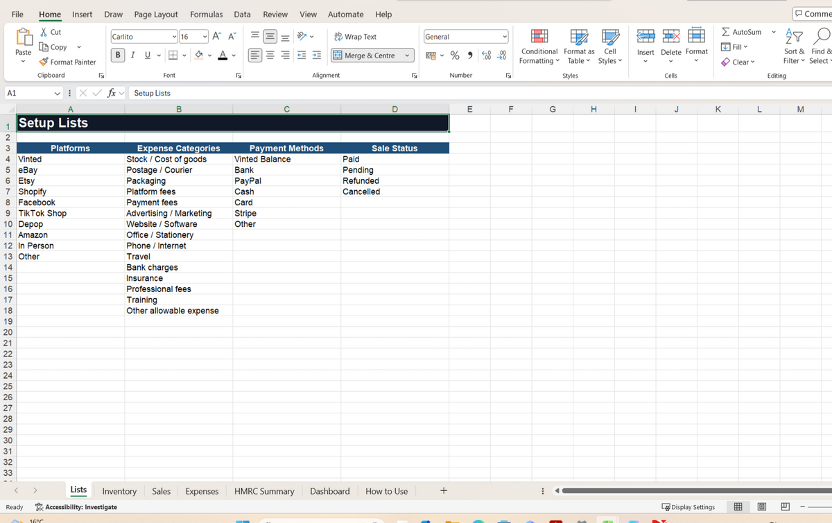 UK Reseller Inventory and Sales Digital Tracker Vinted eBay & Etsy Excel Spreadsheet  HMRC Friendly Bookkeeping